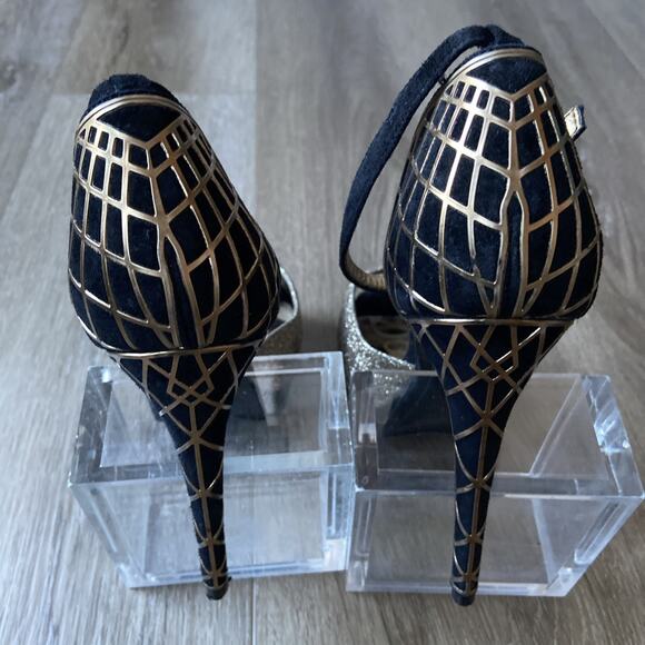 Sam Edelman Stiletto Heel Sz 7 Black Suede Gold Peep Toe Ankle Strap - Picture 11 of 14